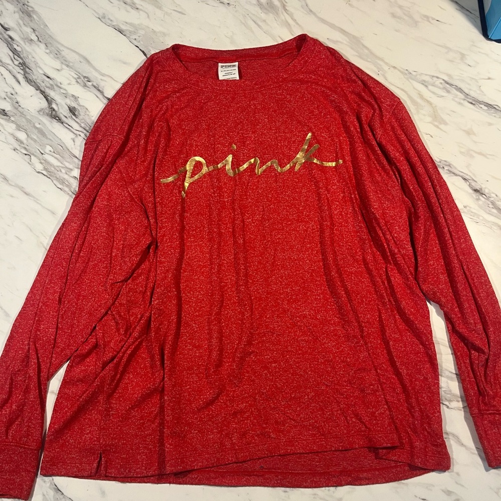 Red Long Sleeve Shirt with Gold 'Pink' Logo